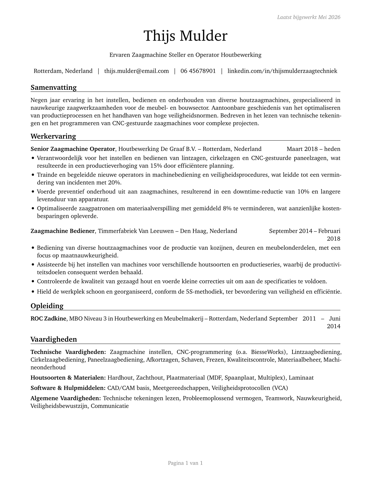 Sawing Machine Setters, Operators, and Tenders, Wood CV in Dutch — page 1