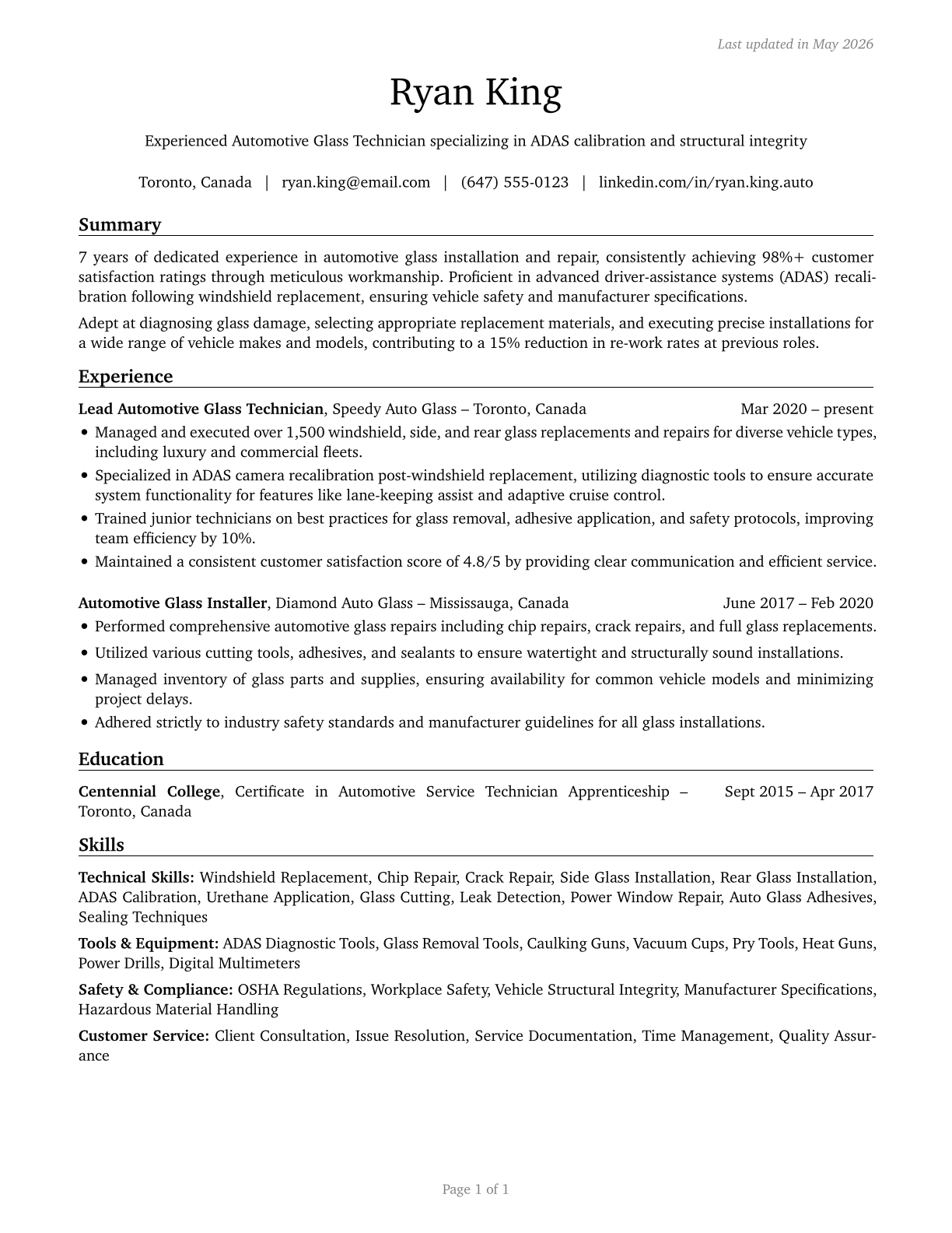 Automotive Glass Installers and Repairers CV in English — page 1