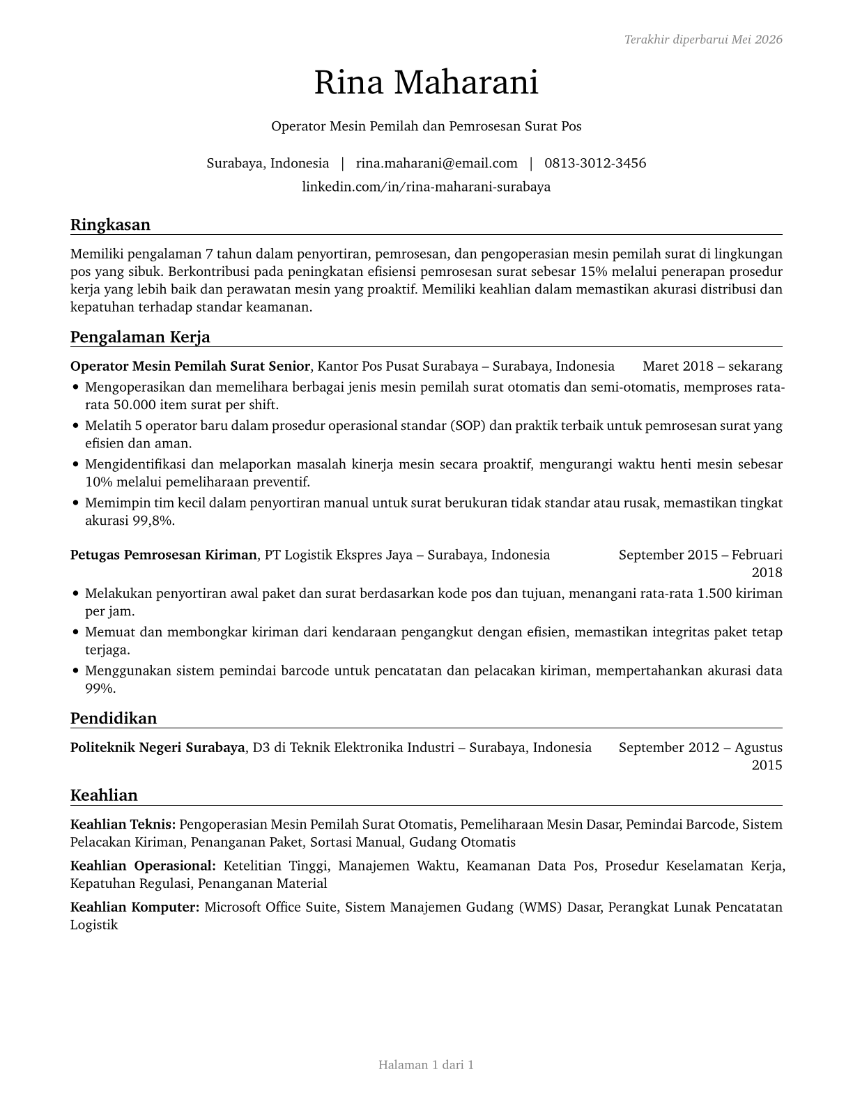 Postal Service Mail Sorters, Processors, and Processing Machine Operators CV in Indonesian — page 1