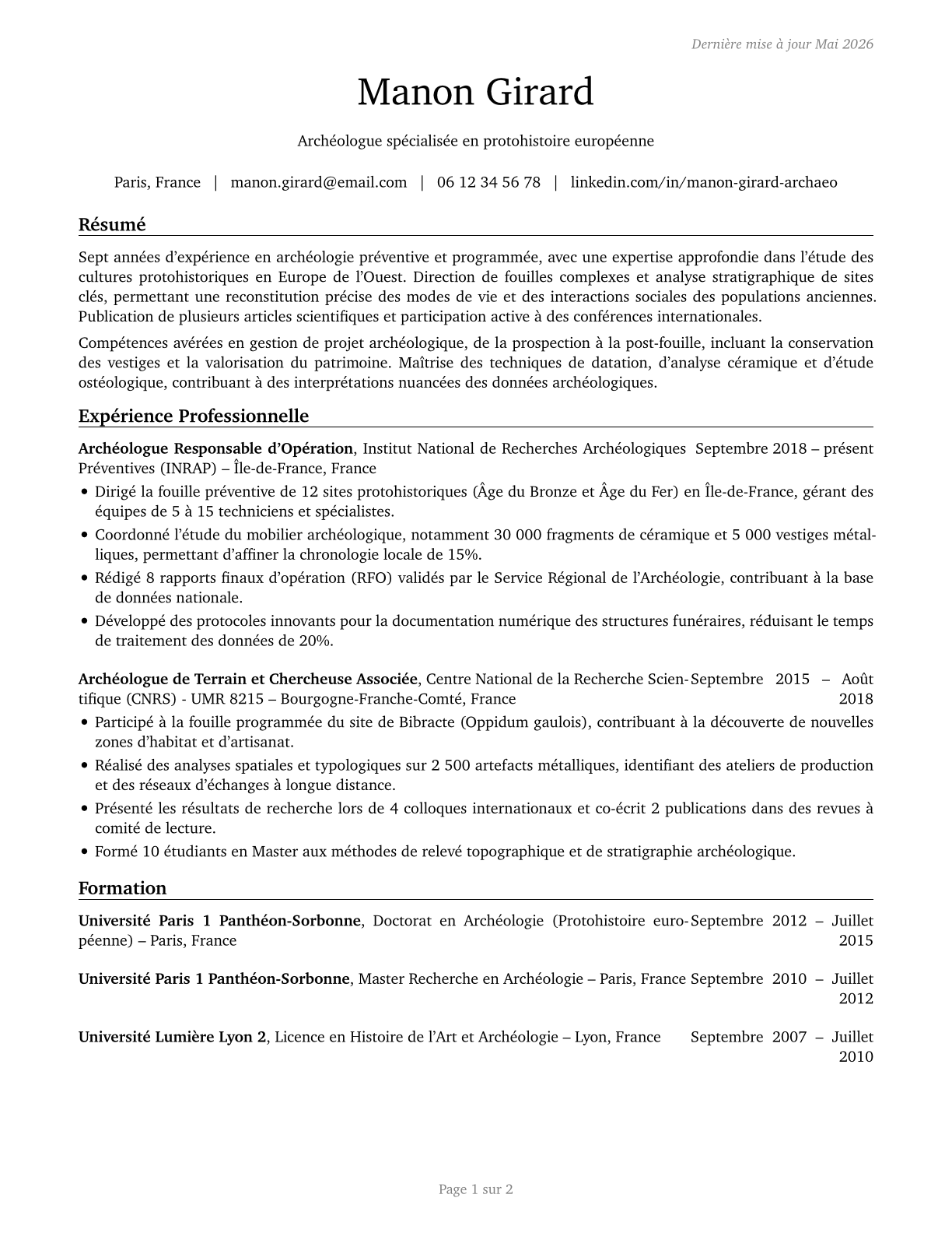 Anthropologists and Archeologists CV in French — page 1