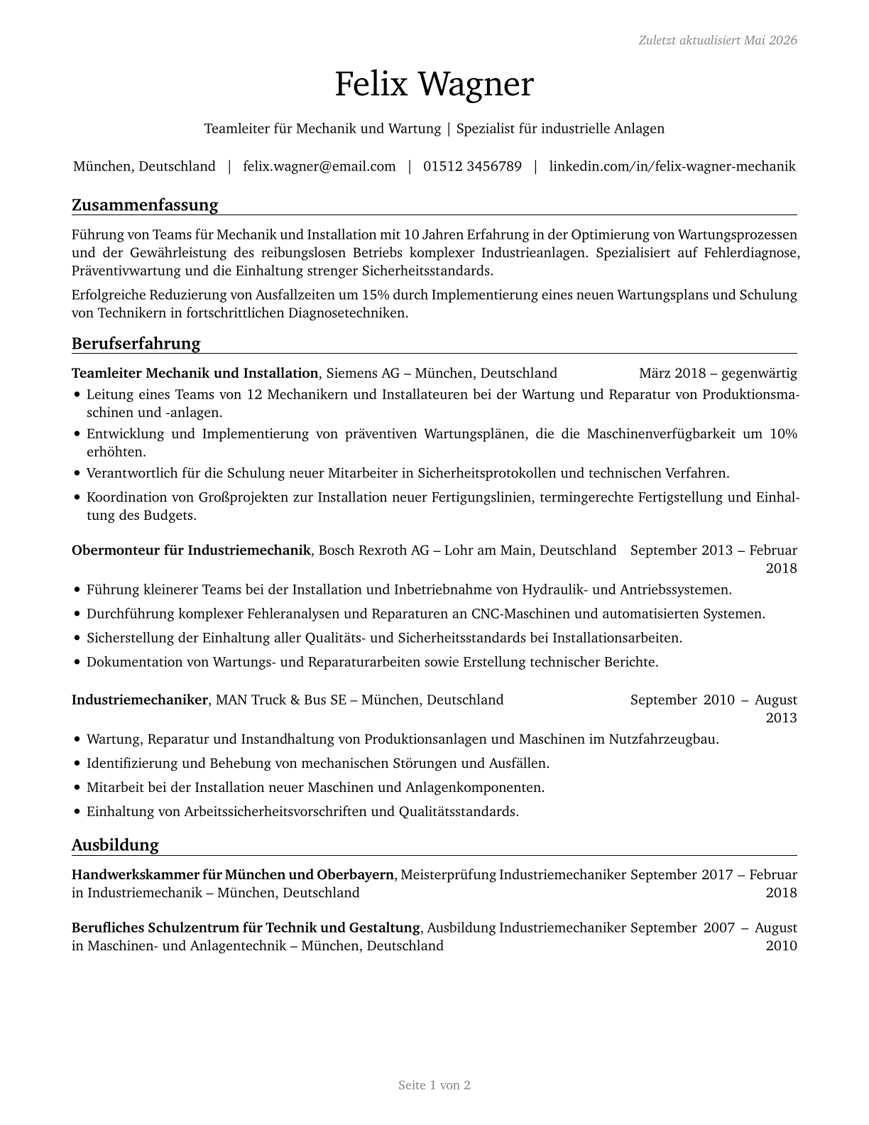 First-Line Supervisors of Mechanics, Installers, and Repairers CV in German — page 1