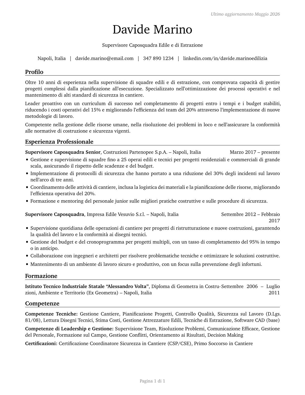 First-Line Supervisors of Construction Trades and Extraction Workers CV in Italian — page 1