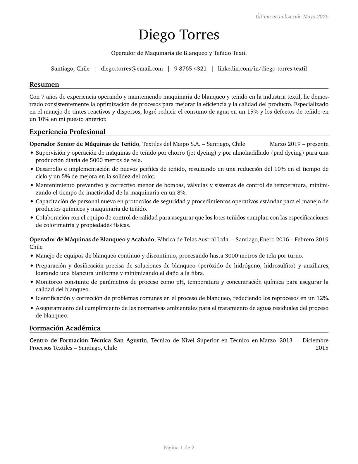 Textile Bleaching and Dyeing Machine Operators and Tenders CV in Spanish — page 1
