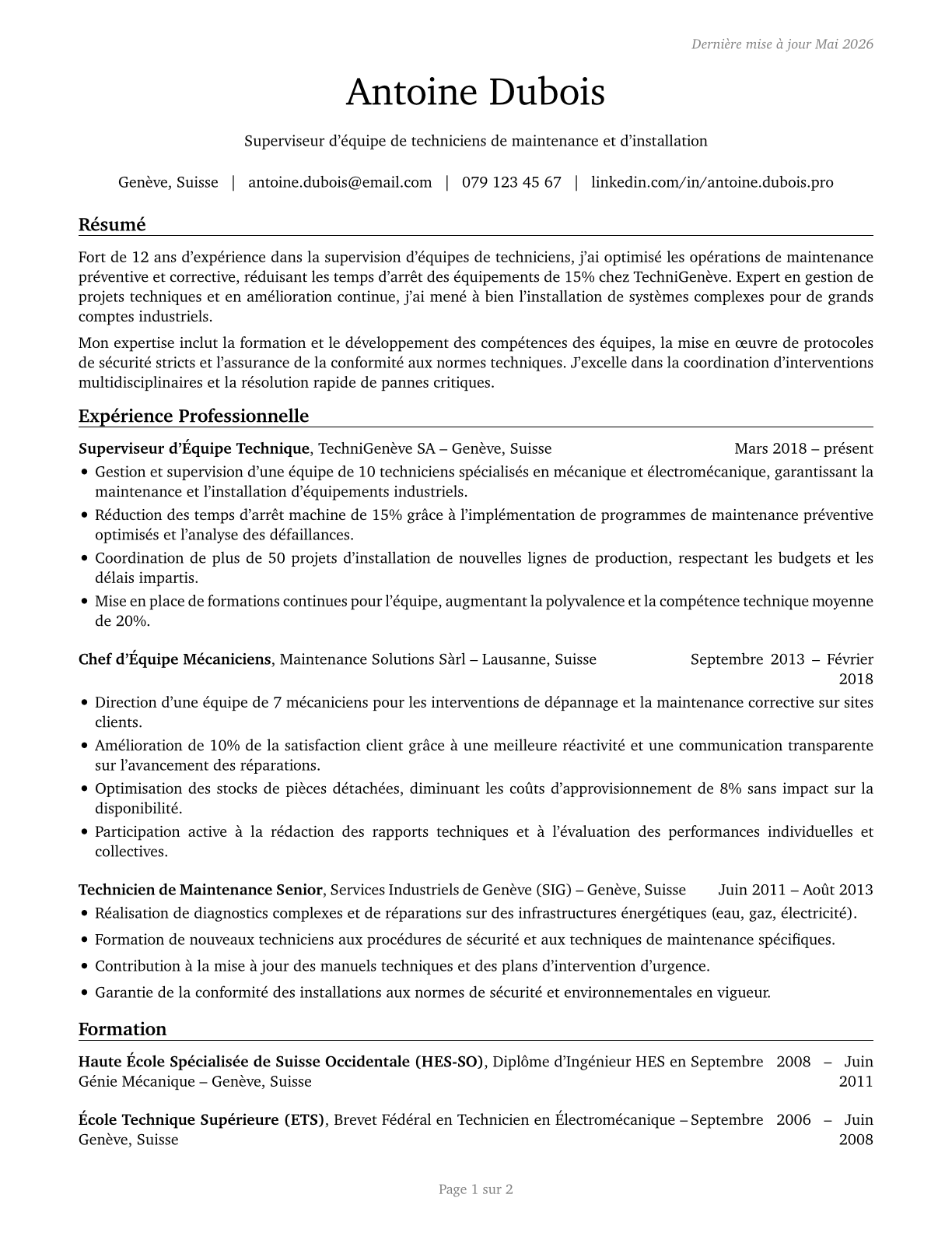 First-Line Supervisors of Mechanics, Installers, and Repairers CV in French — page 1