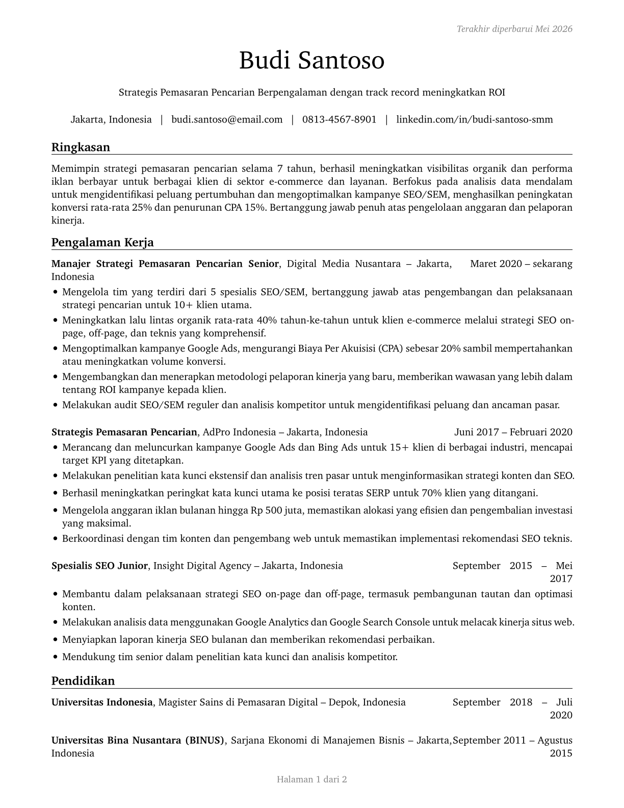 Search Marketing Strategists CV in Indonesian — page 1