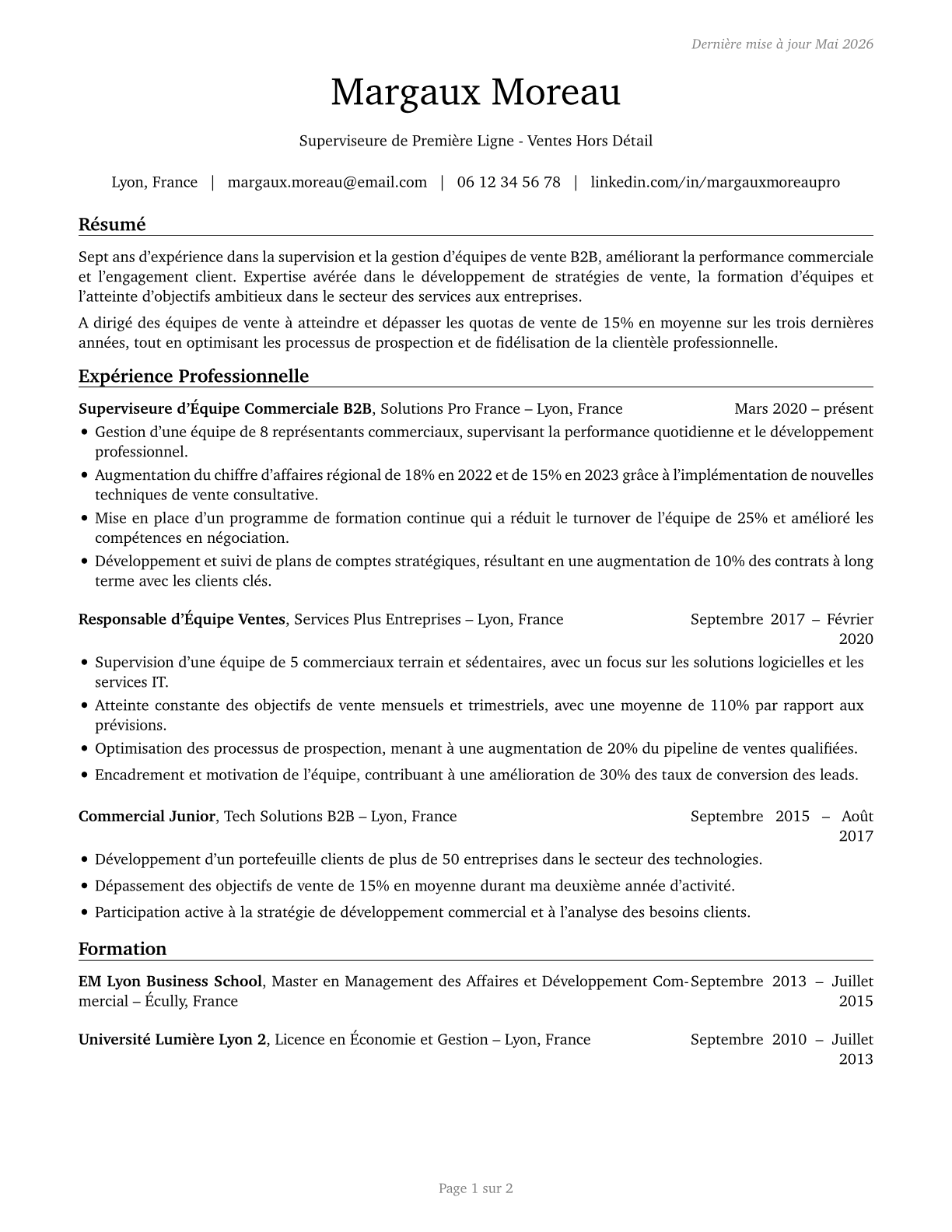 First-Line Supervisors of Non-Retail Sales Workers CV in French — page 1