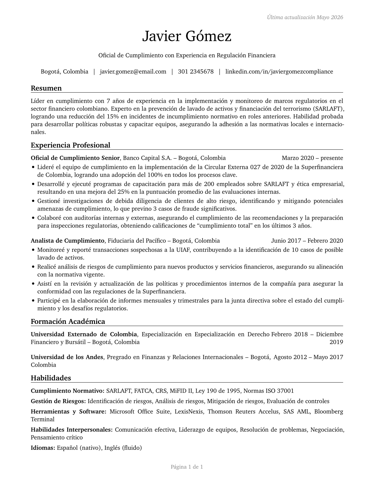 Compliance Officers CV in Spanish — page 1