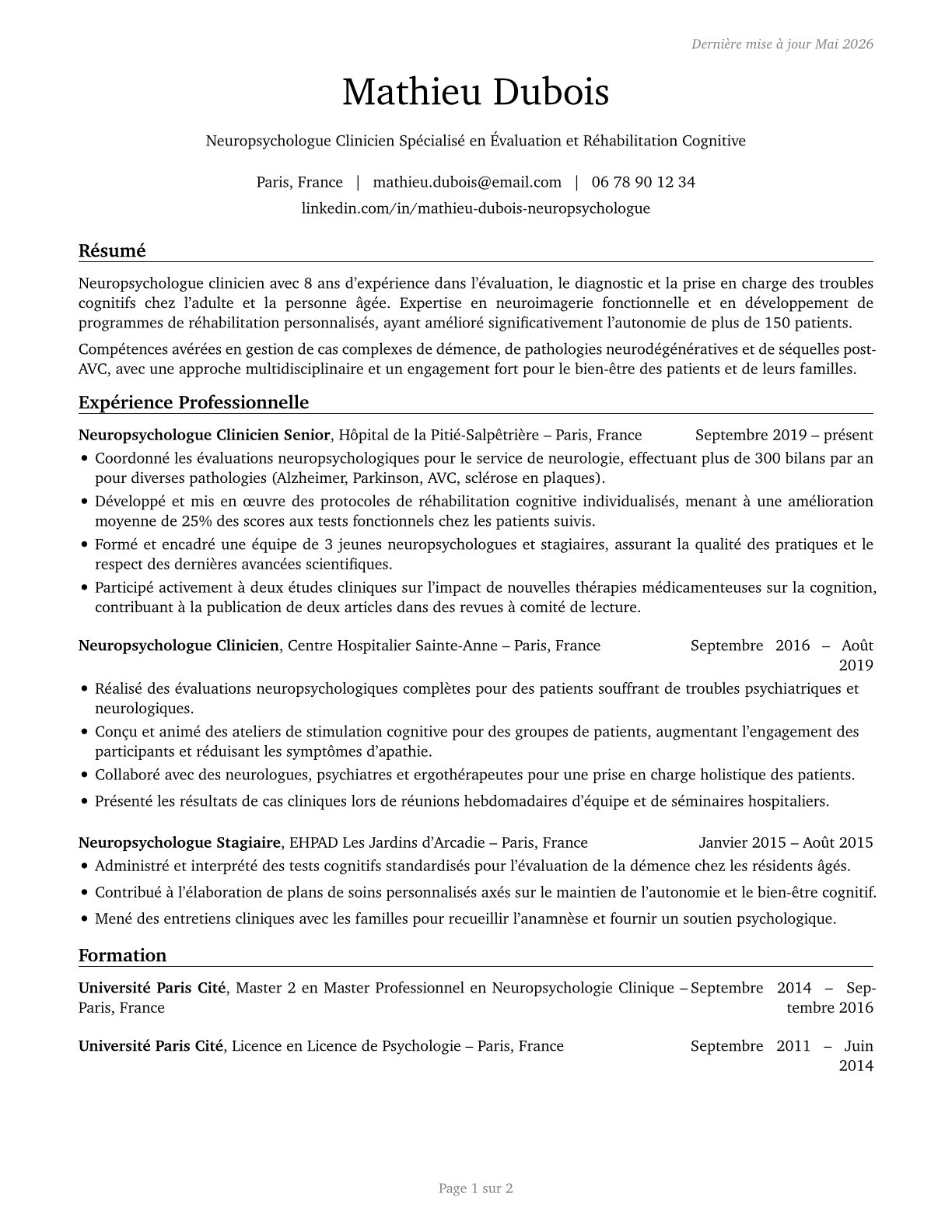 Neuropsychologists CV in French — page 1