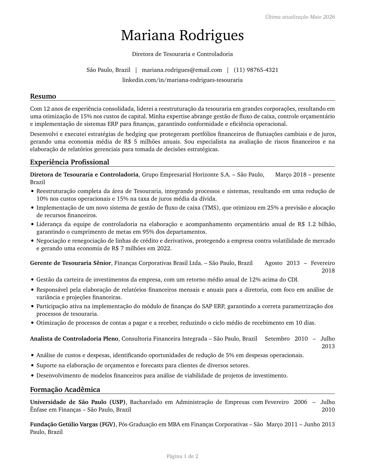 Treasurers and Controllers CV in Portuguese — page 1