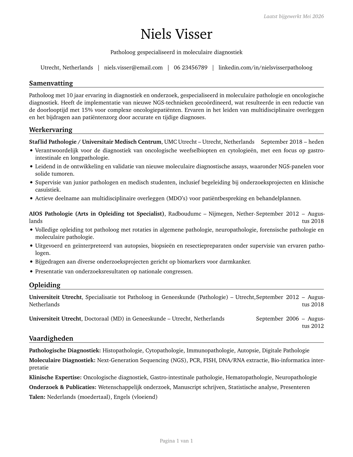 Physicians, Pathologists CV in Dutch — page 1