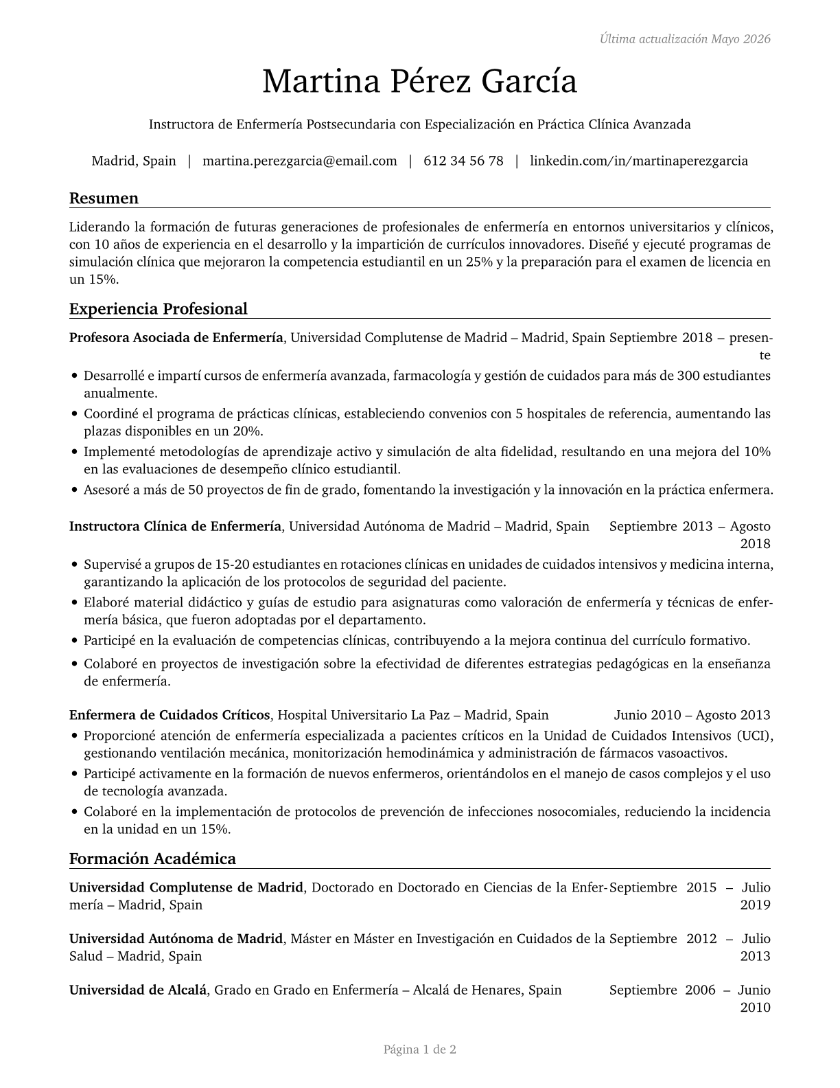 Nursing Instructors and Teachers, Postsecondary CV in Spanish — page 1
