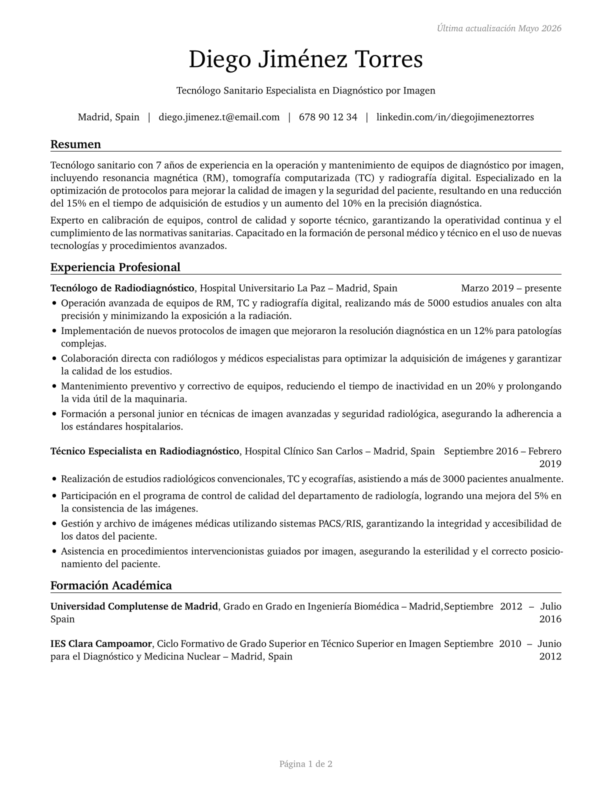 Health Technologists and Technicians, All Other CV in Spanish — page 1