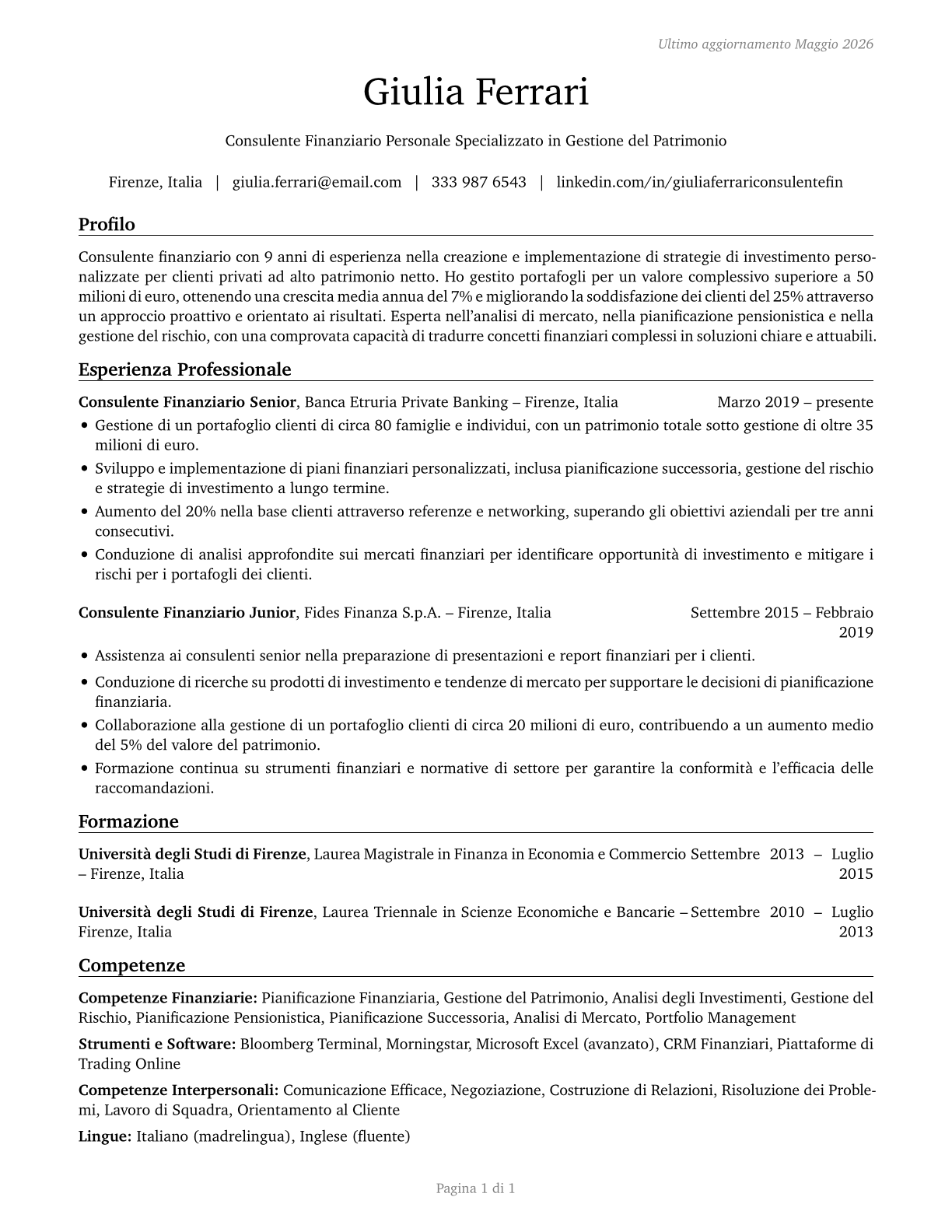 Personal Financial Advisors CV in Italian — page 1