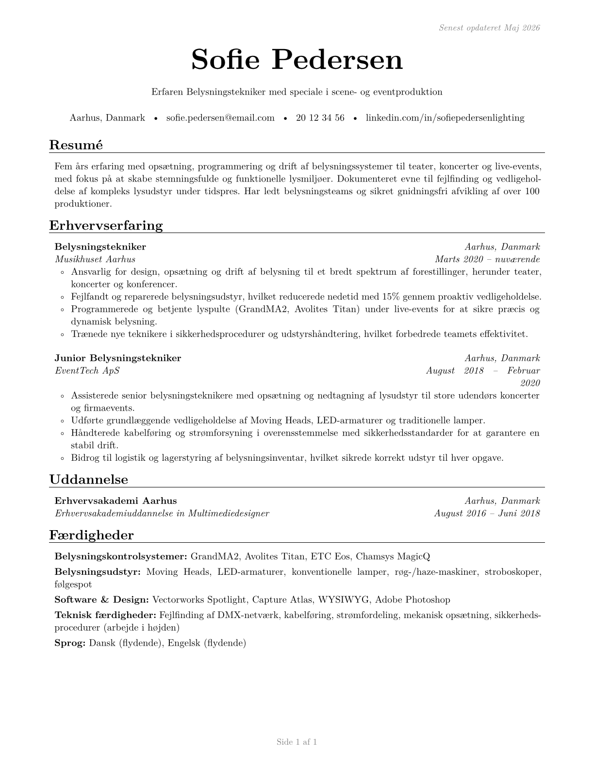 Lighting Technicians CV in Danish — page 1