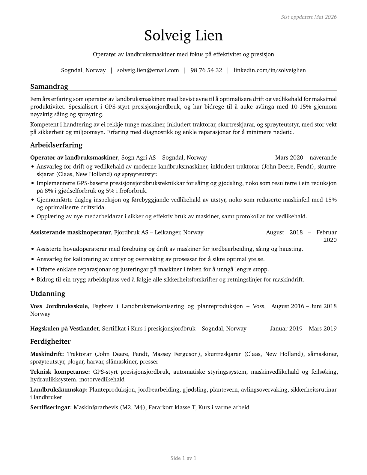 Agricultural Equipment Operators CV in Norwegian_nynorsk — page 1