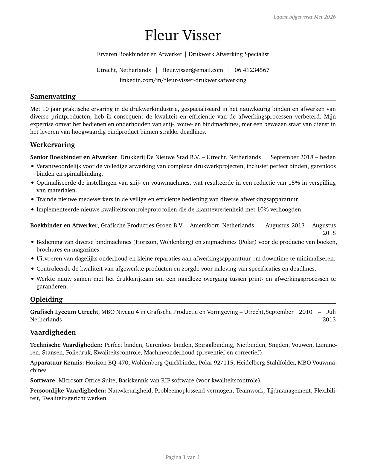 Print Binding and Finishing Workers CV in Dutch — page 1