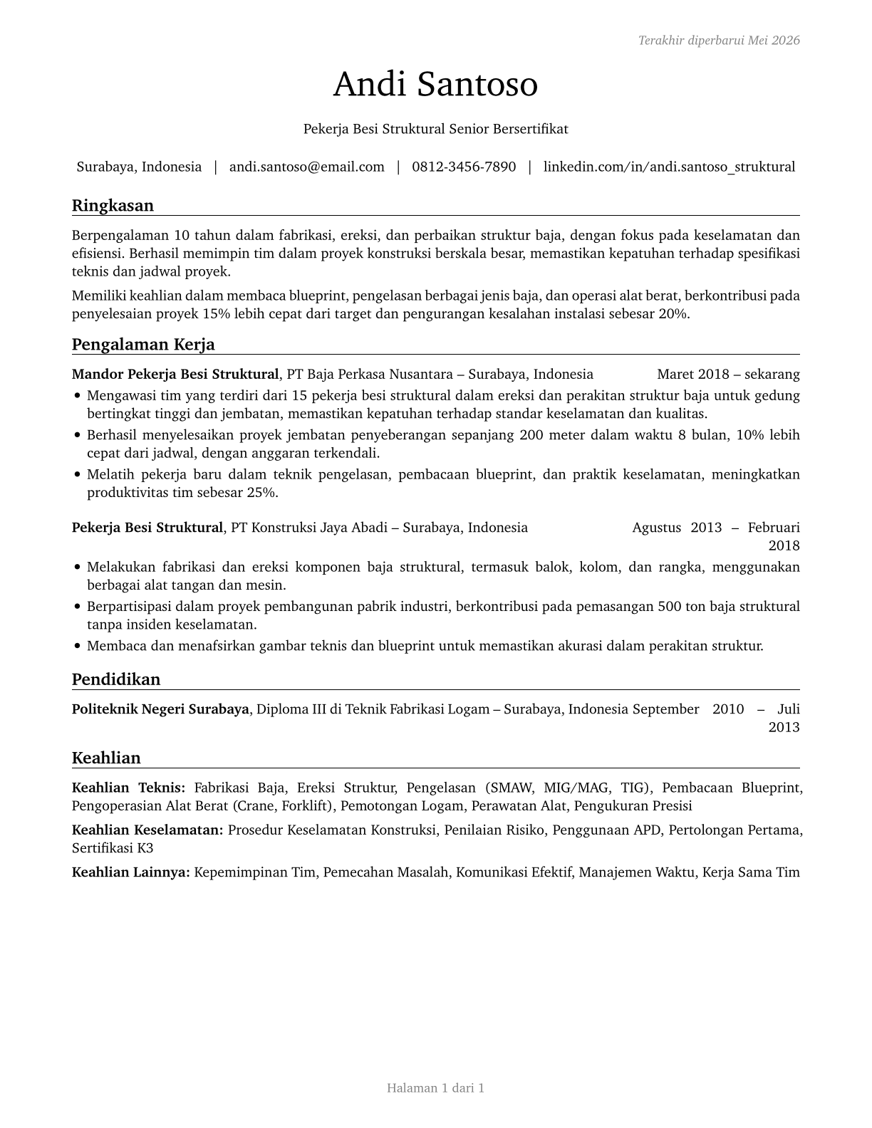 Structural Iron and Steel Workers CV in Indonesian — page 1