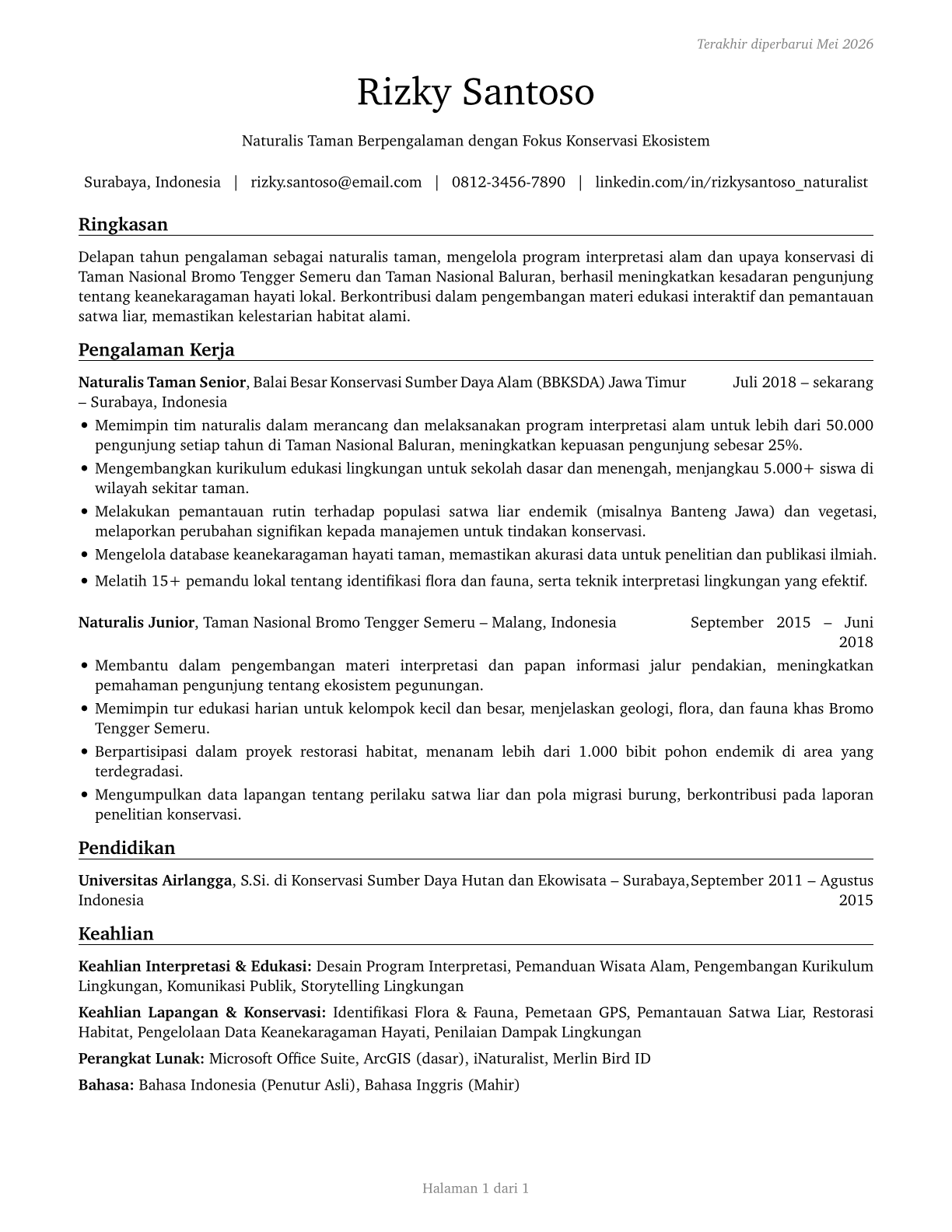 Park Naturalists CV in Indonesian — page 1