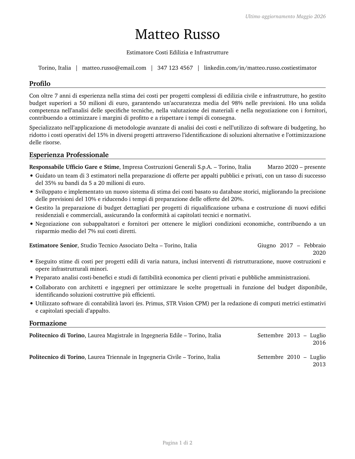 Cost Estimators CV in Italian — page 1