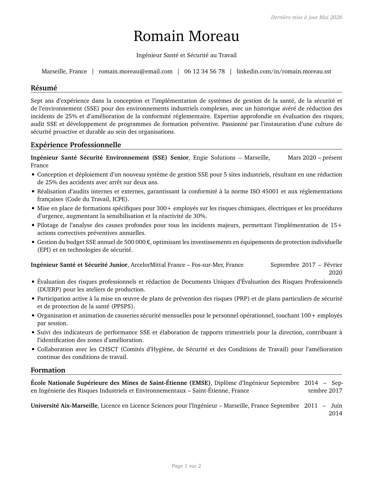 Health and Safety Engineers, Except Mining Safety Engineers and Inspectors CV in French — page 1
