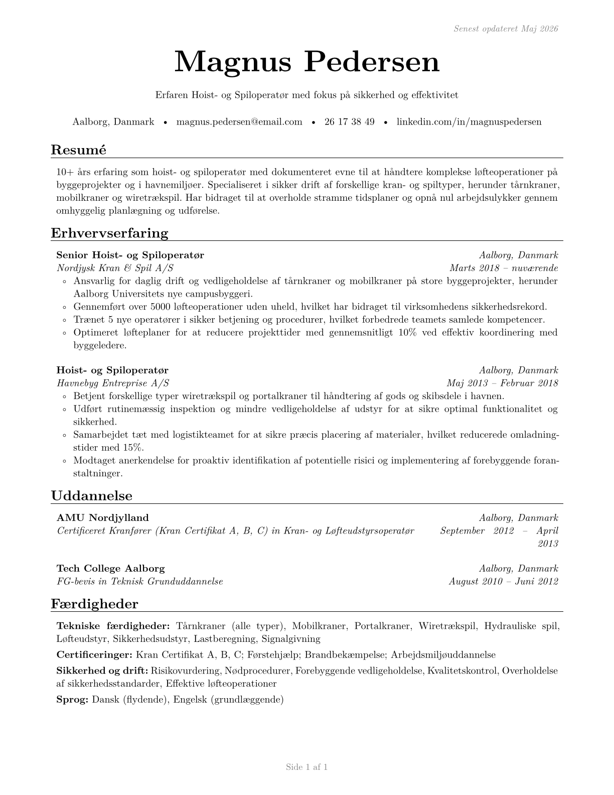 Hoist and Winch Operators CV in Danish — page 1