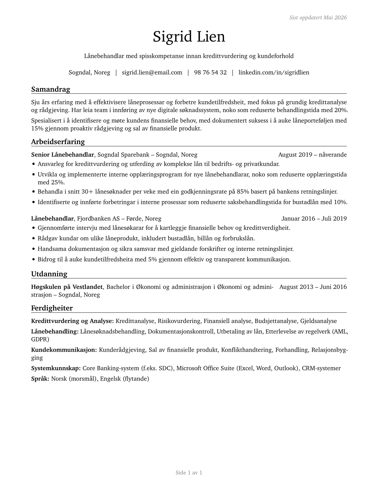 Loan Interviewers and Clerks CV in Norwegian_nynorsk — page 1