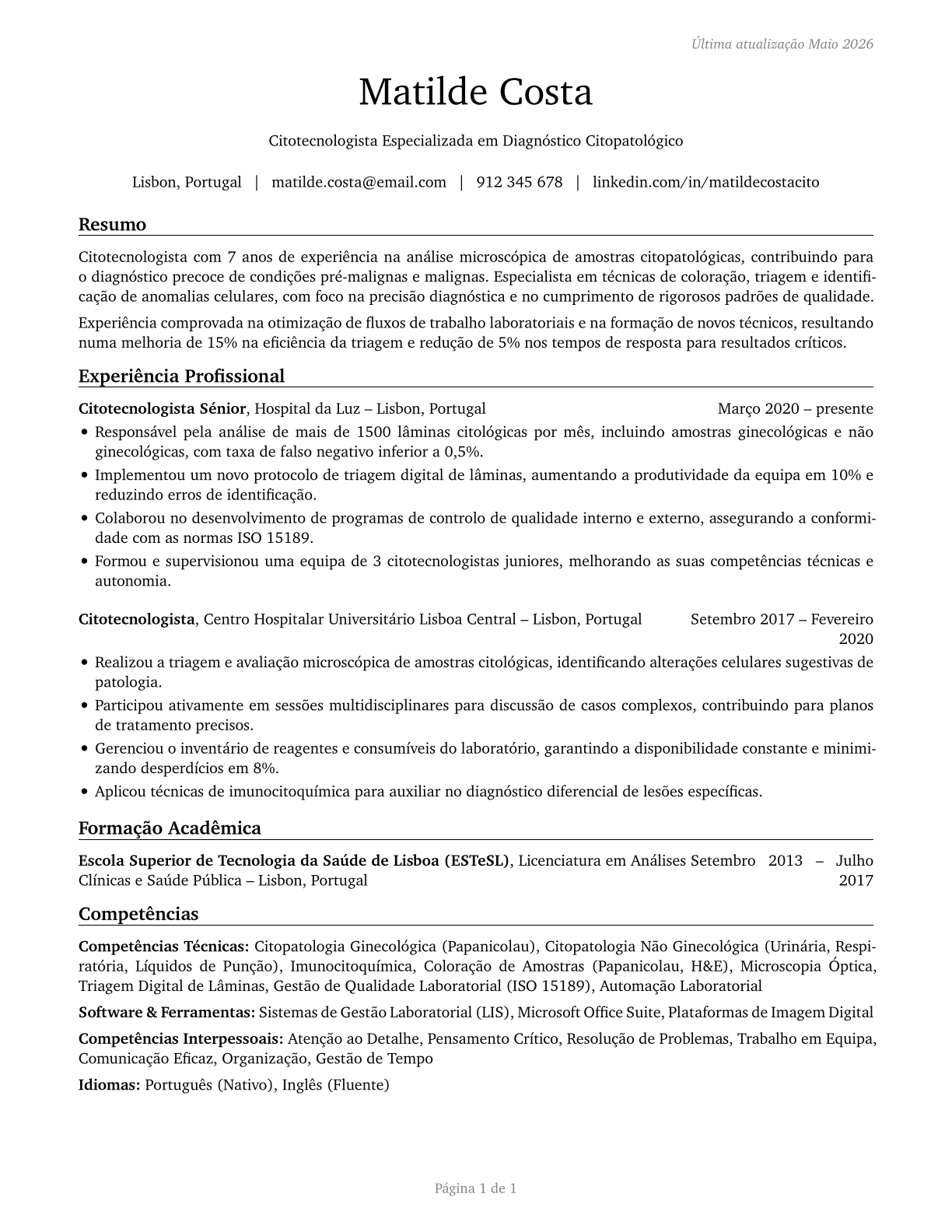 Cytotechnologists CV in Portuguese — page 1