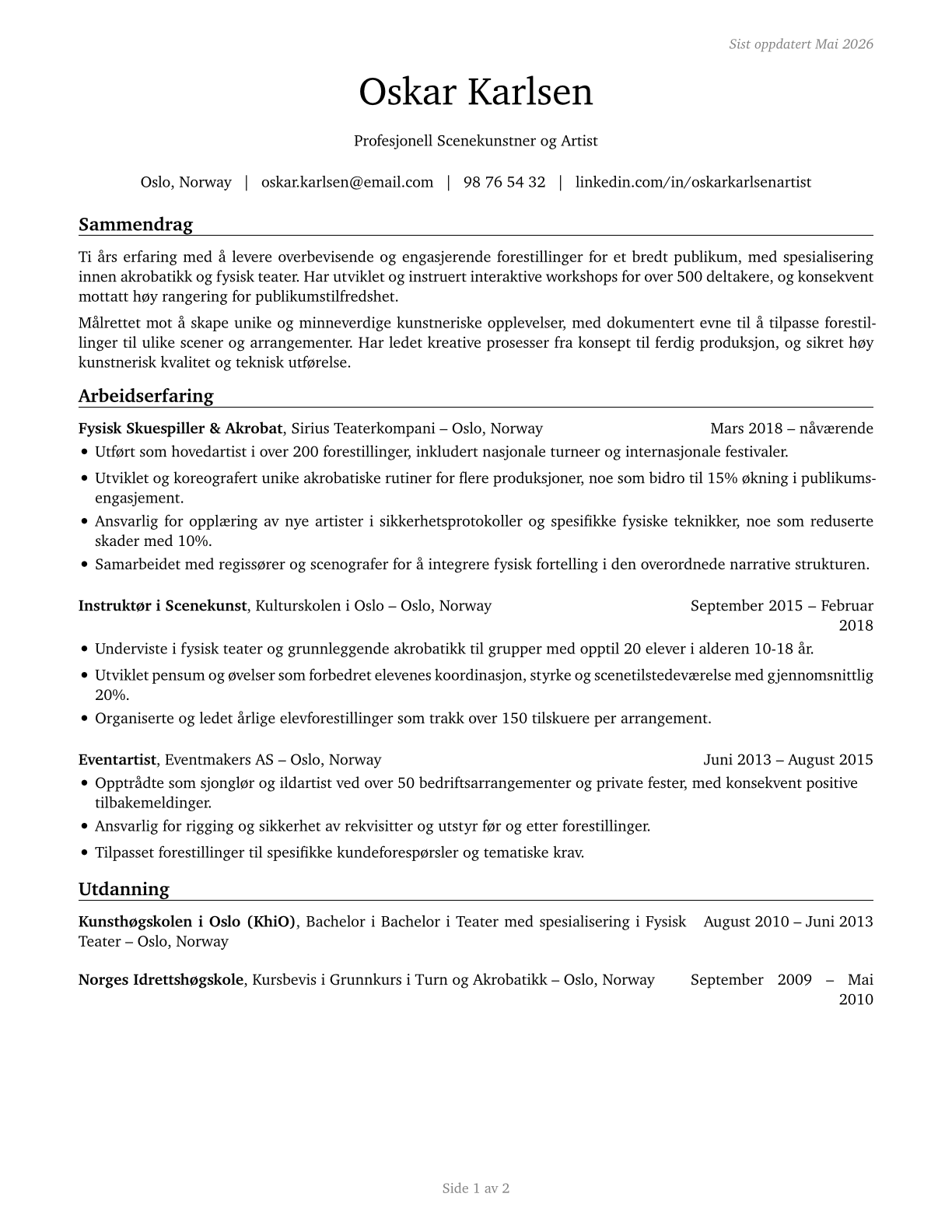 Entertainers and Performers, Sports and Related Workers, All Other CV in Norwegian_bokmal — page 1