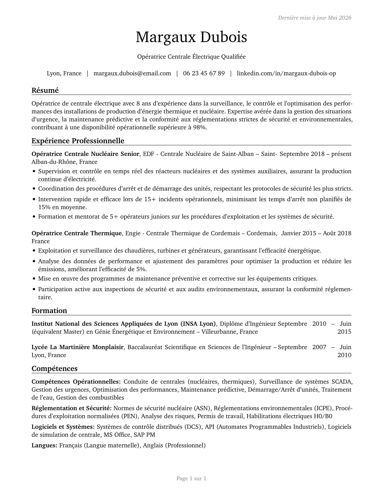 Power Plant Operators CV in French — page 1