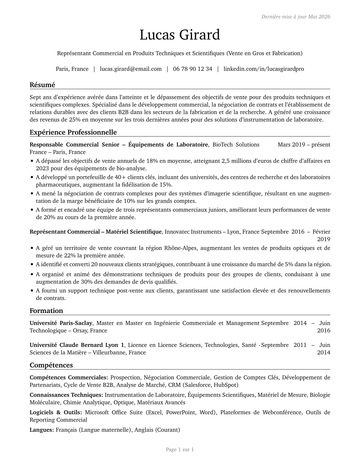 Sales Representatives, Wholesale and Manufacturing, Technical and Scientific Products CV in French — page 1