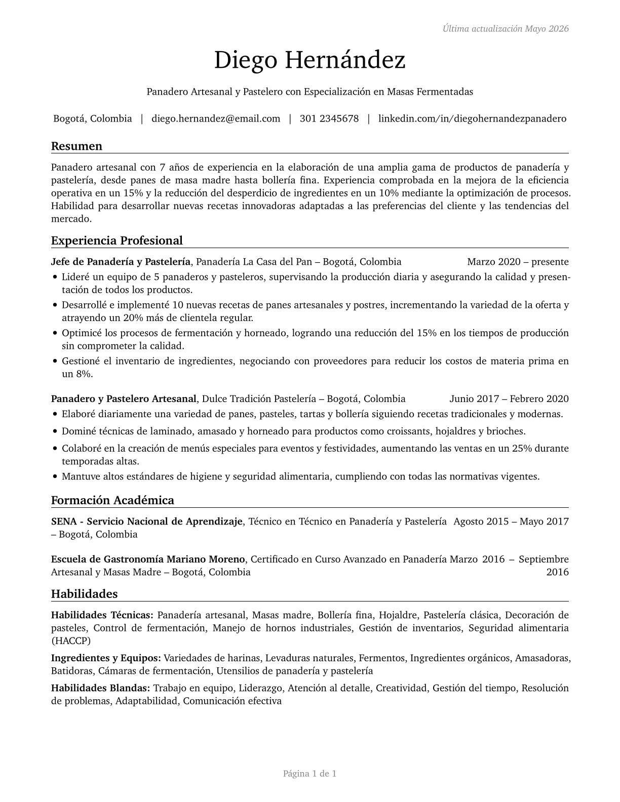 Bakers CV in Spanish — page 1