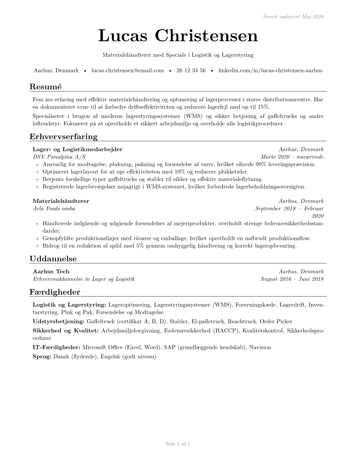 Material Moving Workers, All Other CV in Danish — page 1