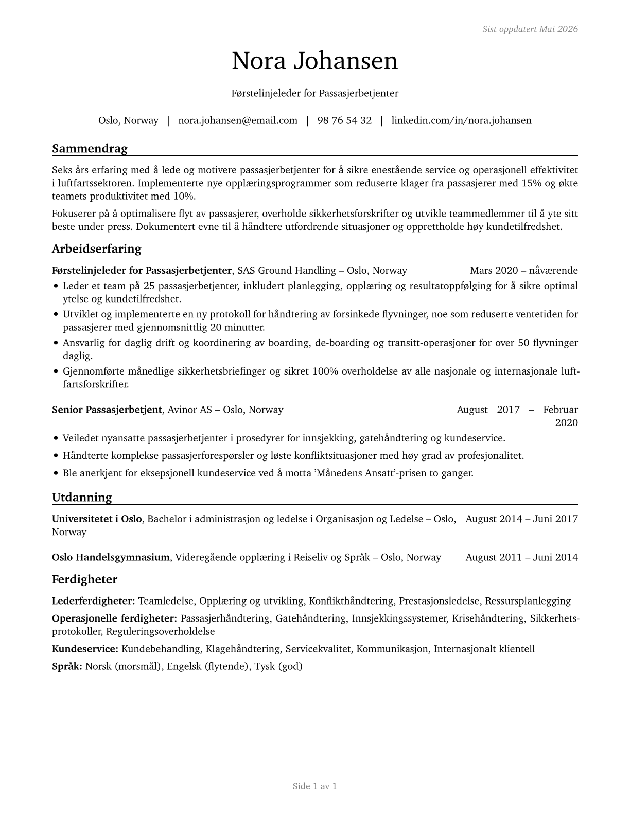 First-Line Supervisors of Passenger Attendants CV in Norwegian_bokmal — page 1