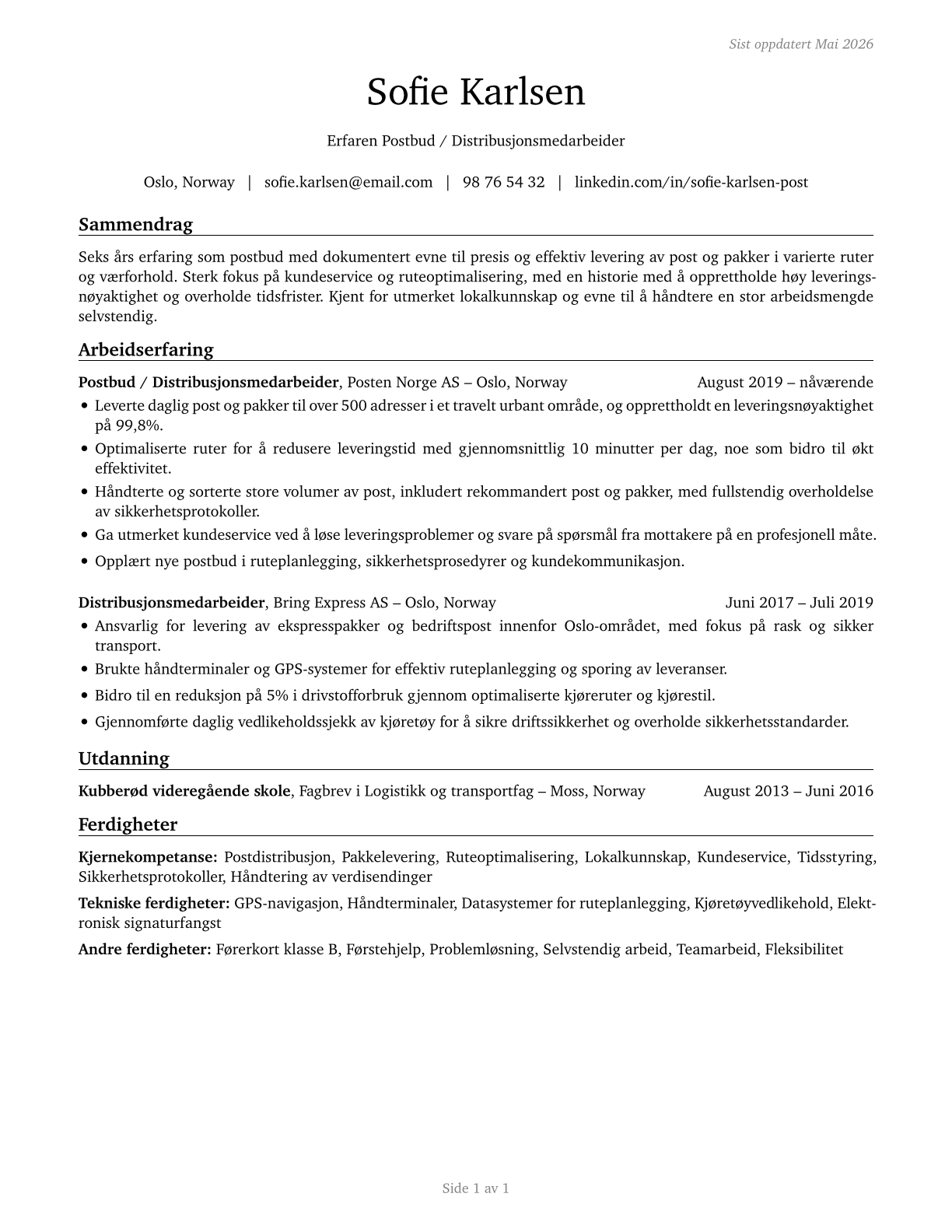 Postal Service Mail Carriers CV in Norwegian_bokmal — page 1