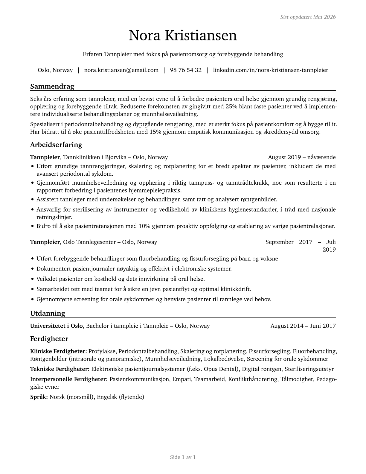 Dental Hygienists CV in Norwegian_bokmal — page 1