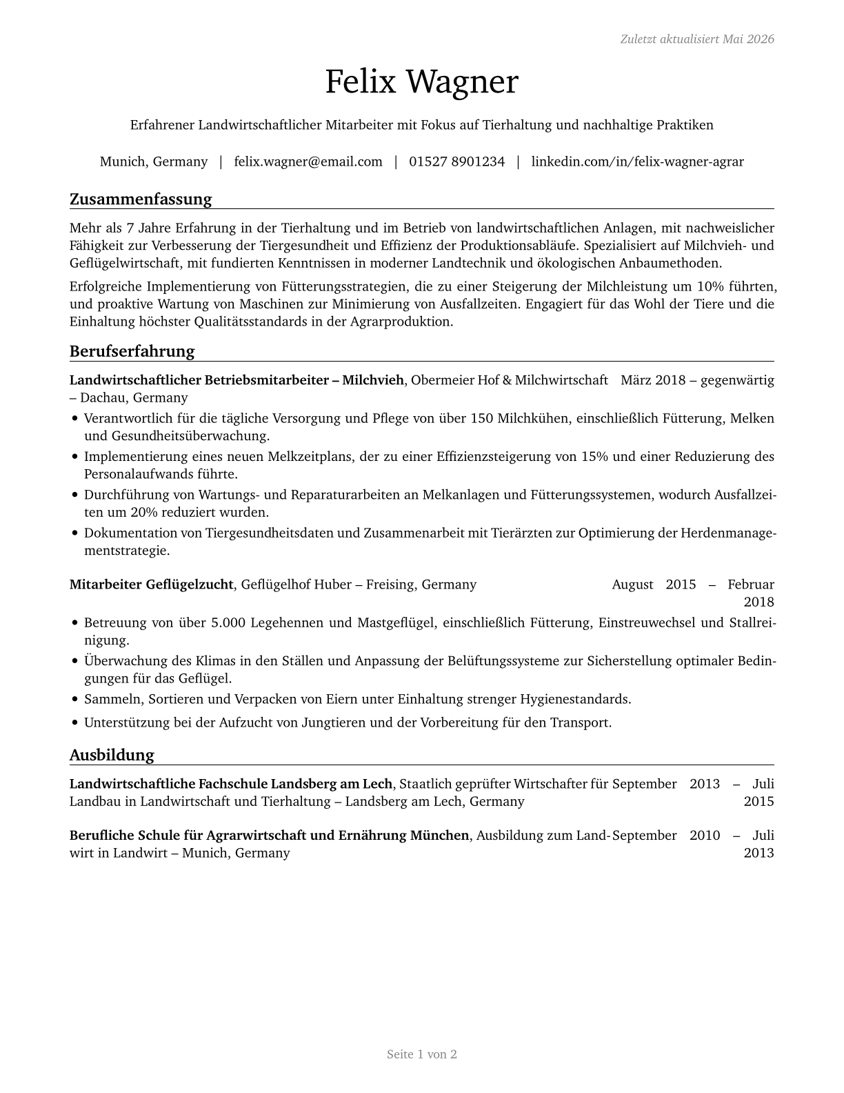 Farmworkers, Farm, Ranch, and Aquacultural Animals CV in German — page 1