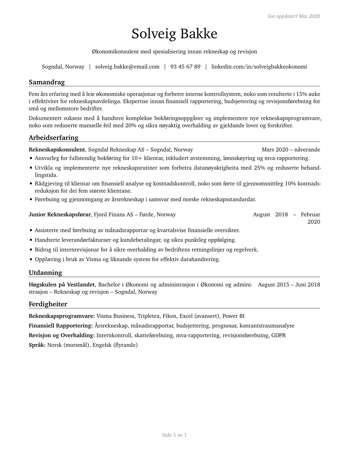 Bookkeeping, Accounting, and Auditing Clerks CV in Norwegian_nynorsk — page 1