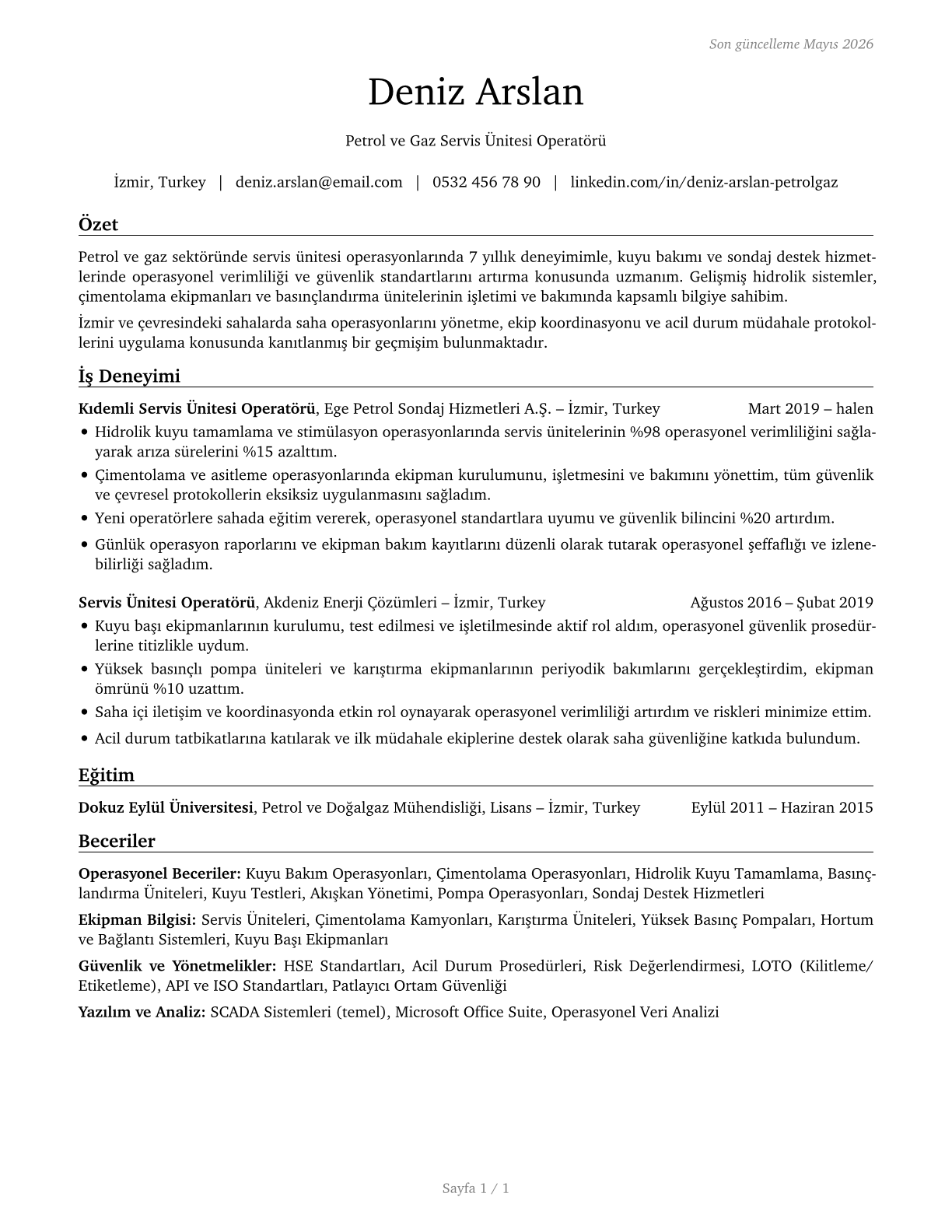 Service Unit Operators, Oil and Gas CV in Turkish — page 1