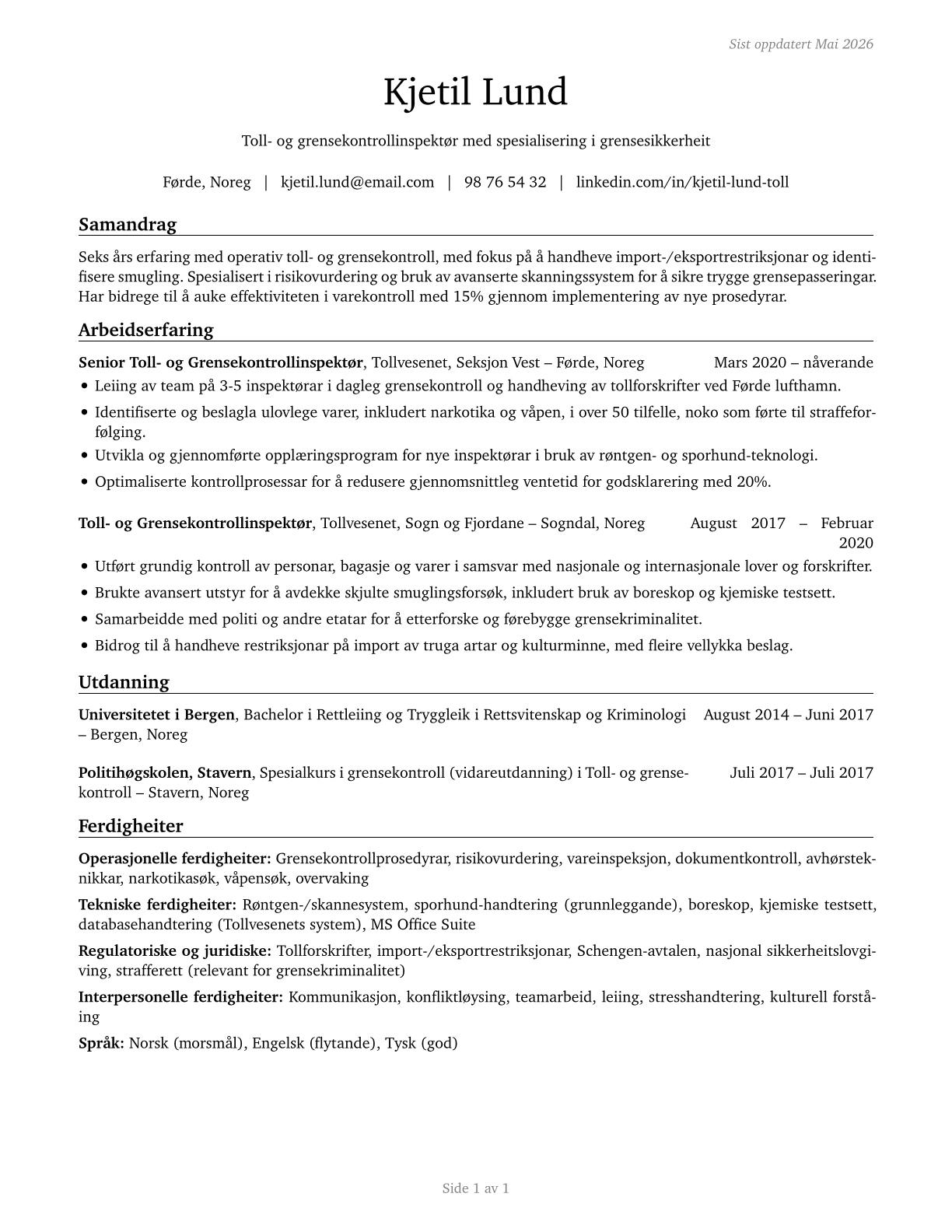 Customs and Border Protection Officers CV in Norwegian_nynorsk — page 1