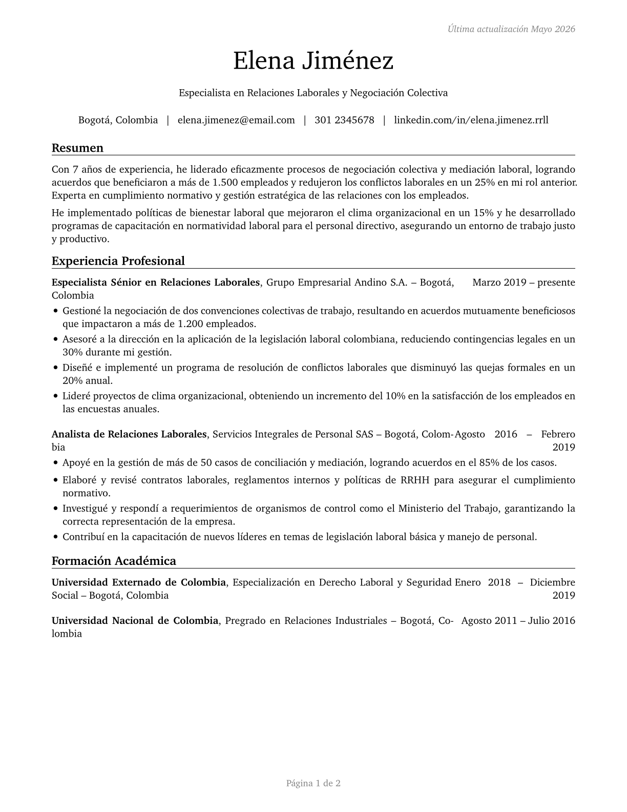 Labor Relations Specialists CV in Spanish — page 1