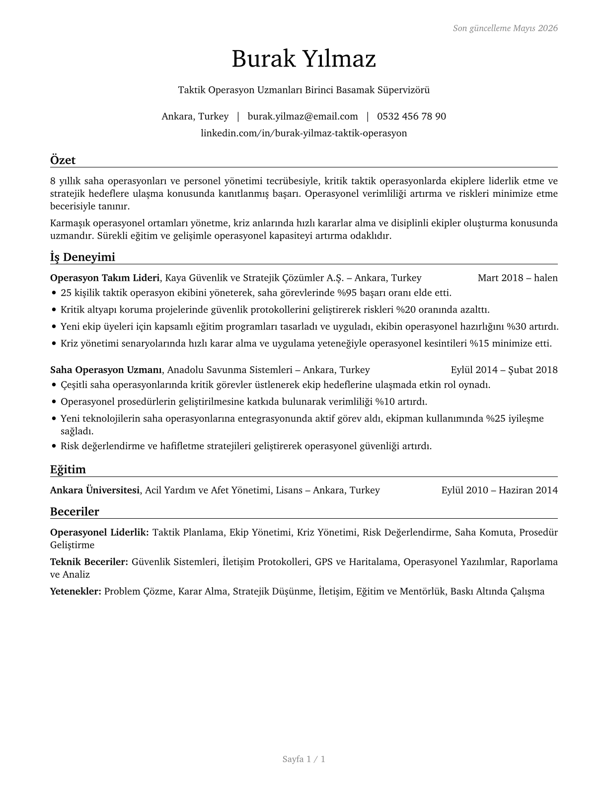 First-Line Supervisors of All Other Tactical Operations Specialists CV in Turkish — page 1