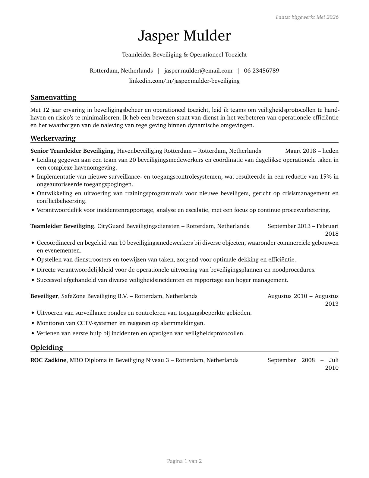 First-Line Supervisors of Security Workers CV in Dutch — page 1