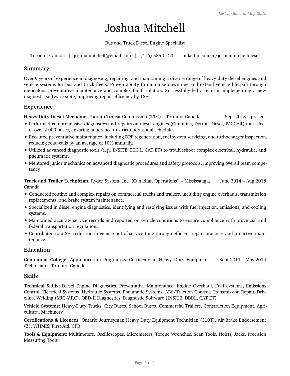 Bus and Truck Mechanics and Diesel Engine Specialists CV in English — page 1
