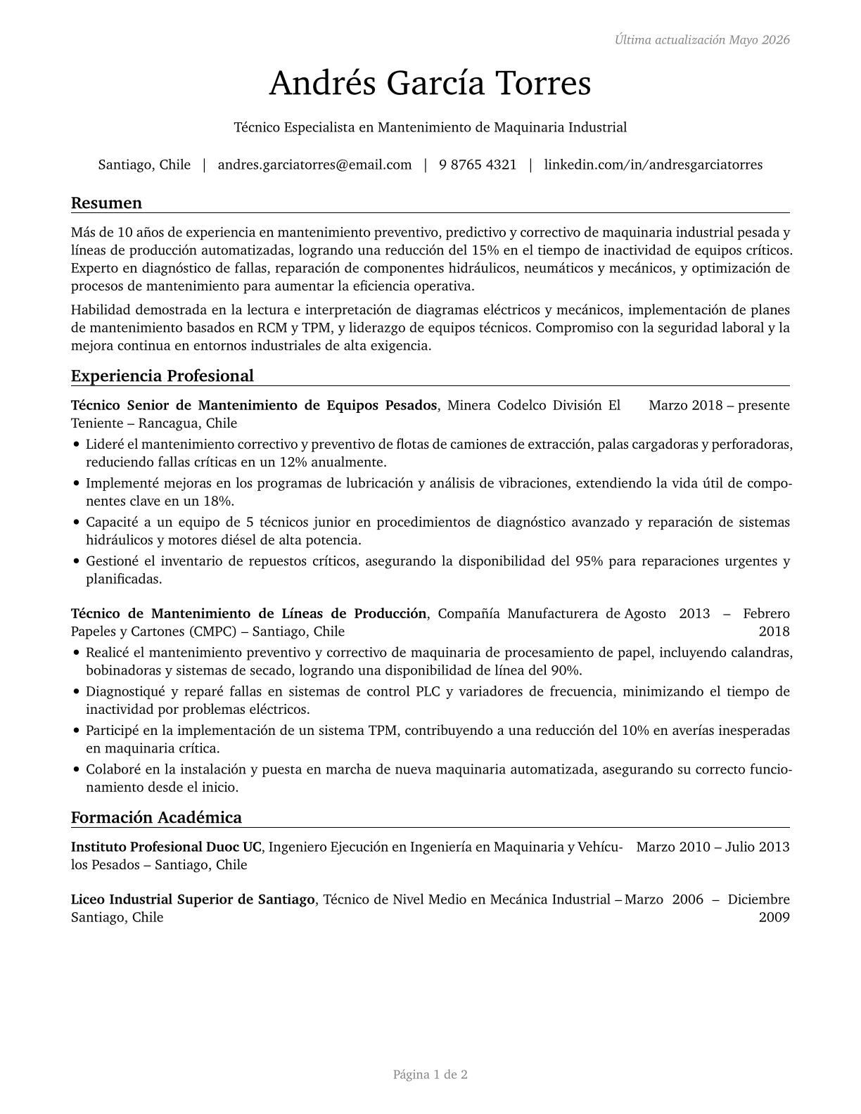 Maintenance Workers, Machinery CV in Spanish — page 1