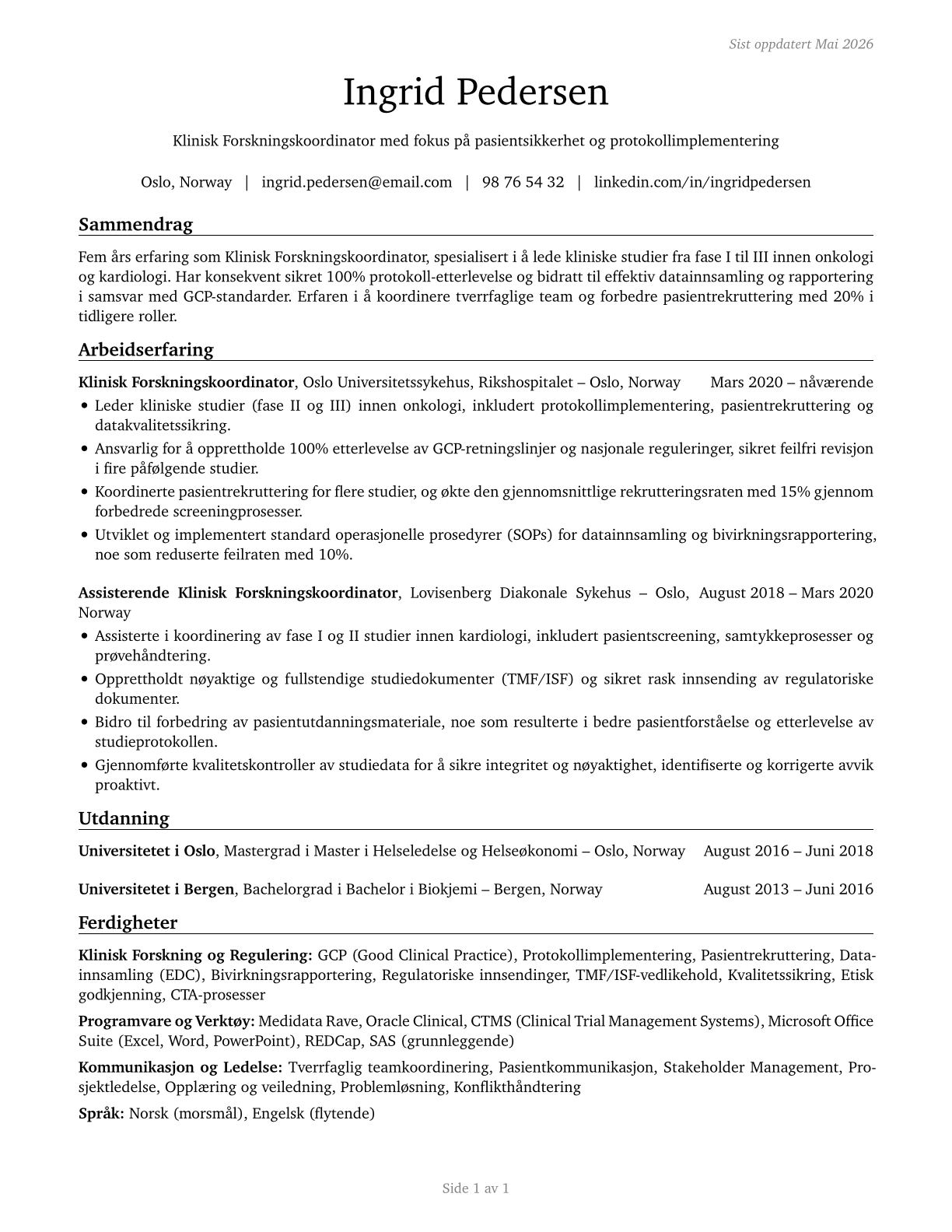 Clinical Research Coordinators CV in Norwegian_bokmal — page 1