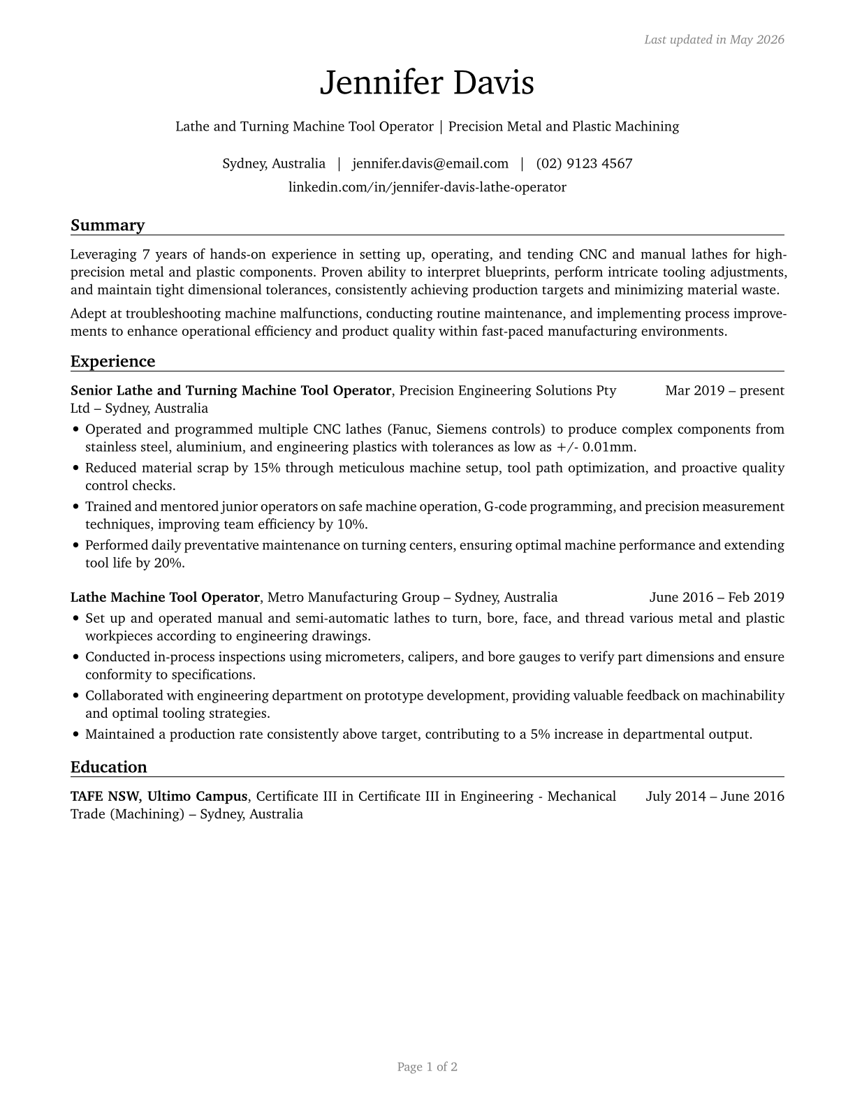 Lathe and Turning Machine Tool Setters, Operators, and Tenders, Metal and Plastic CV in English — page 1