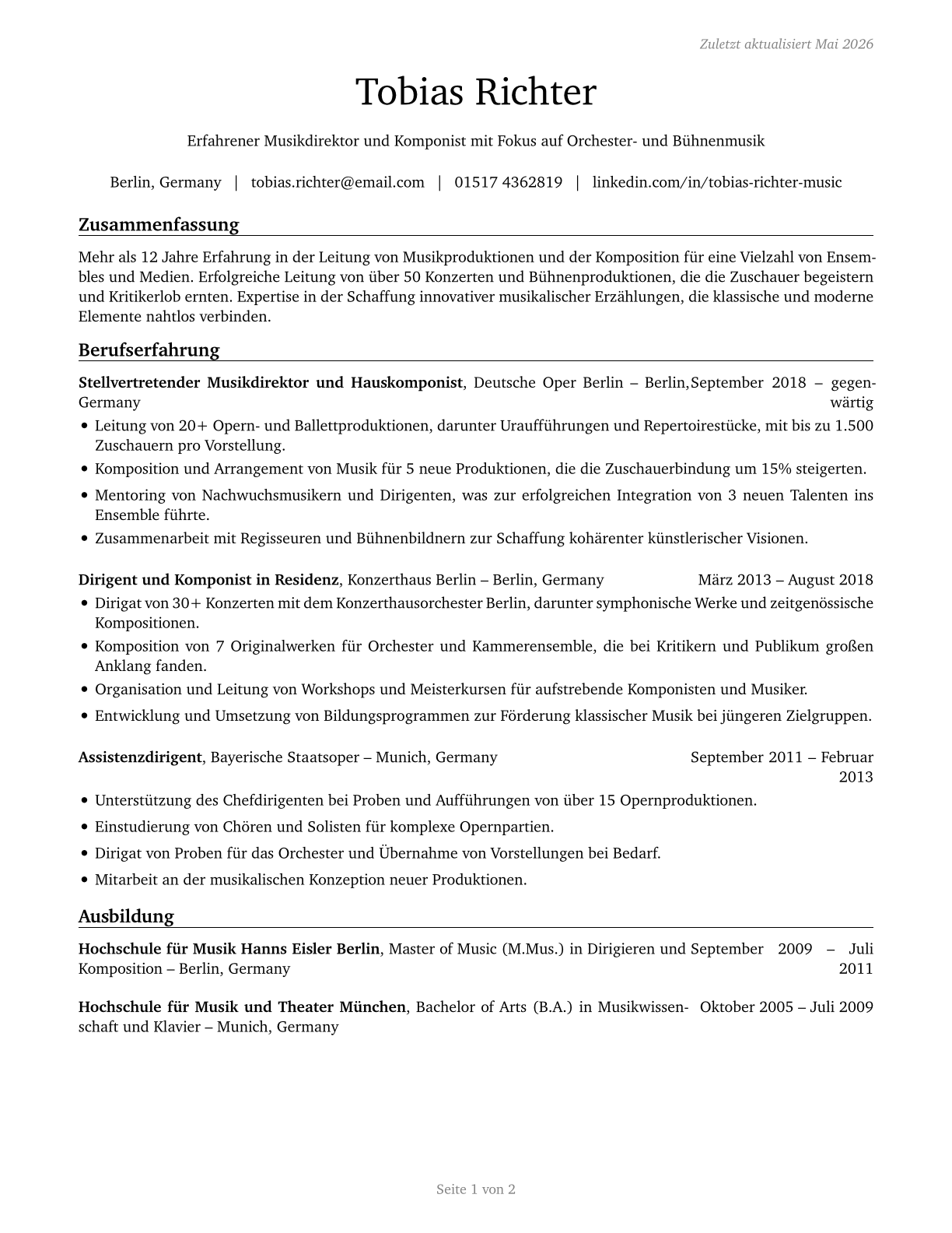 Music Directors and Composers CV in German — page 1