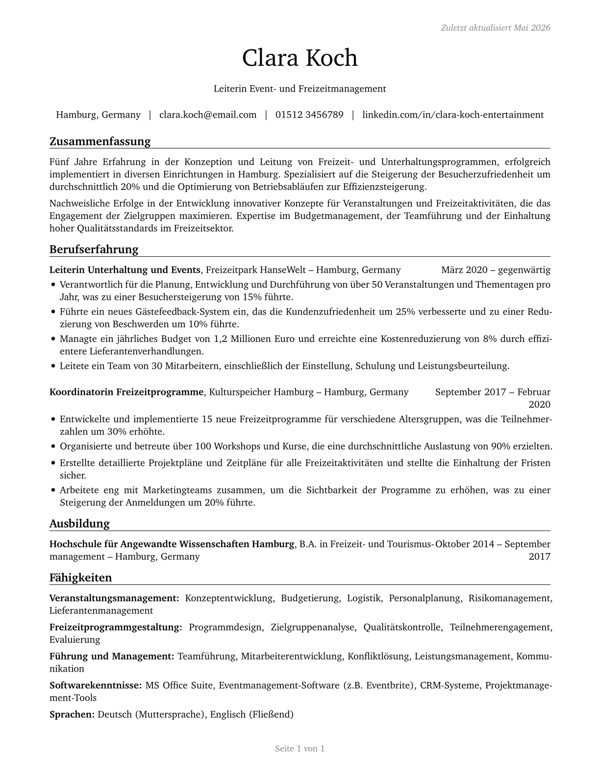 Entertainment and Recreation Managers, Except Gambling CV in German — page 1