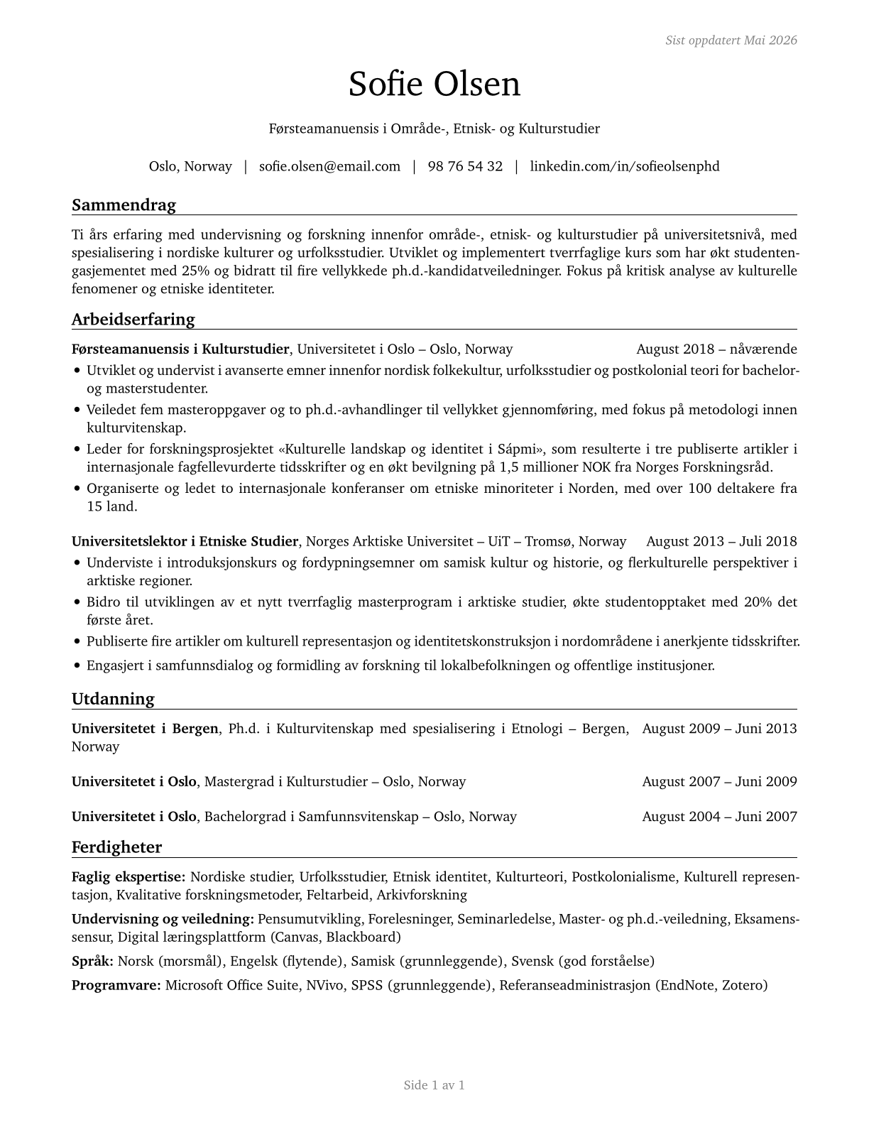Area, Ethnic, and Cultural Studies Teachers, Postsecondary CV in Norwegian_bokmal — page 1