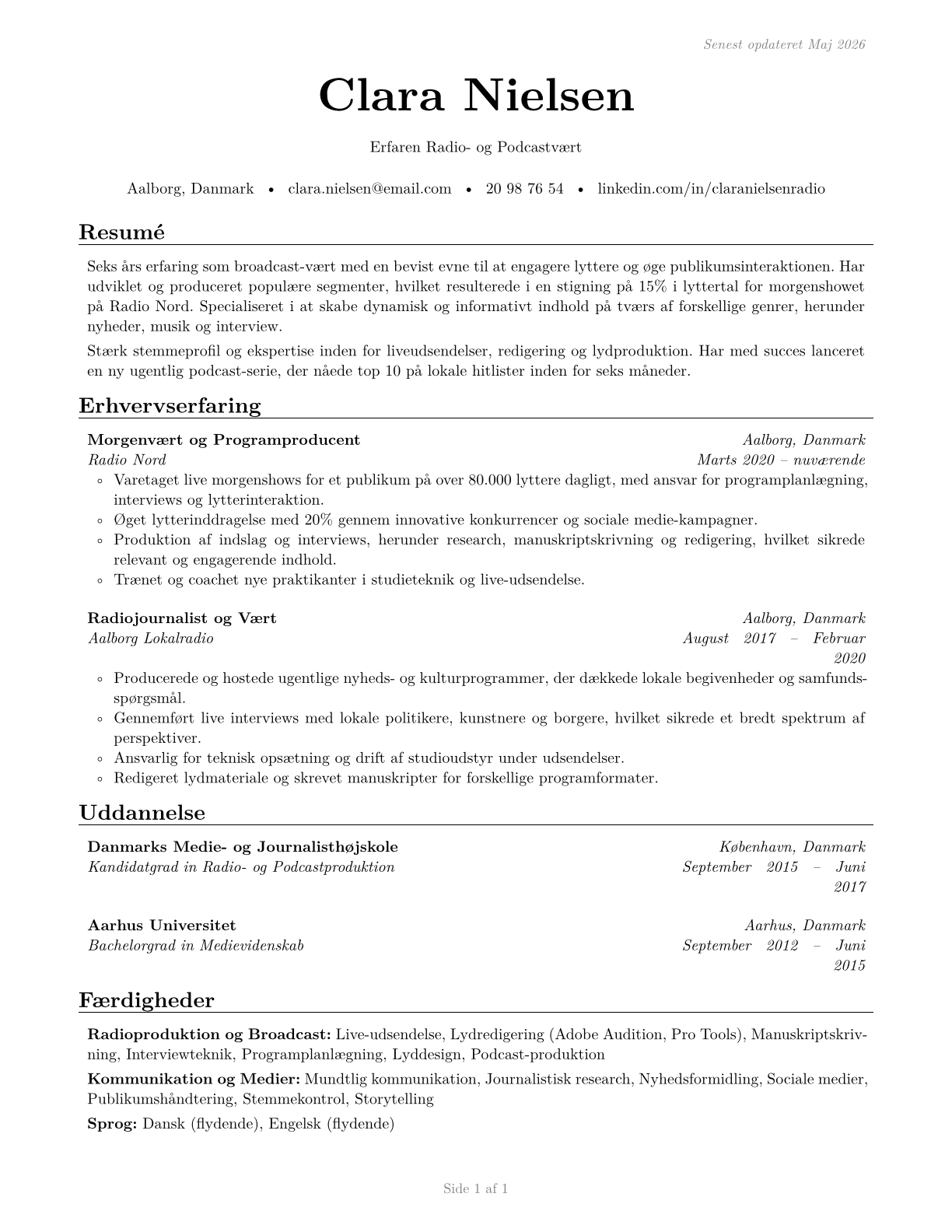 Broadcast Announcers and Radio Disc Jockeys CV in Danish — page 1